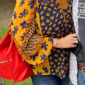 CAbi Geometric Orange and Blue Blouse